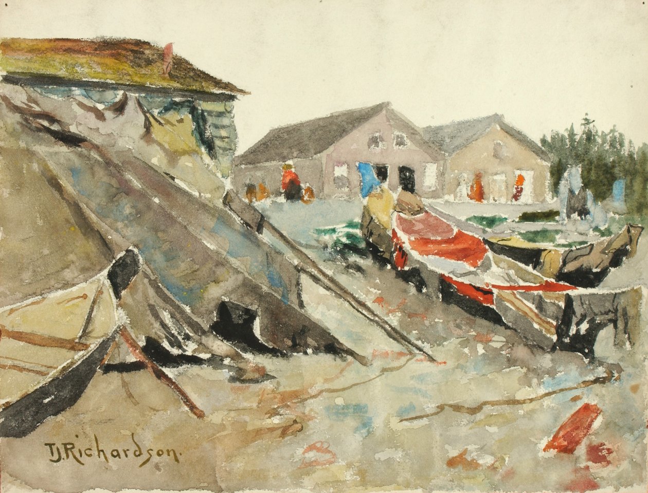 Decken über Kanus trocknen, ca. 1890-1914 von Theodore J. Richardson