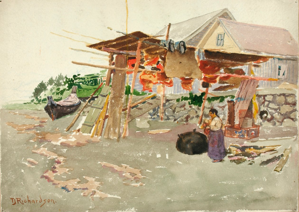 Lachstrocknung, Indianerdorf, Alaska, ca. 1880-1914 von Theodore J. Richardson