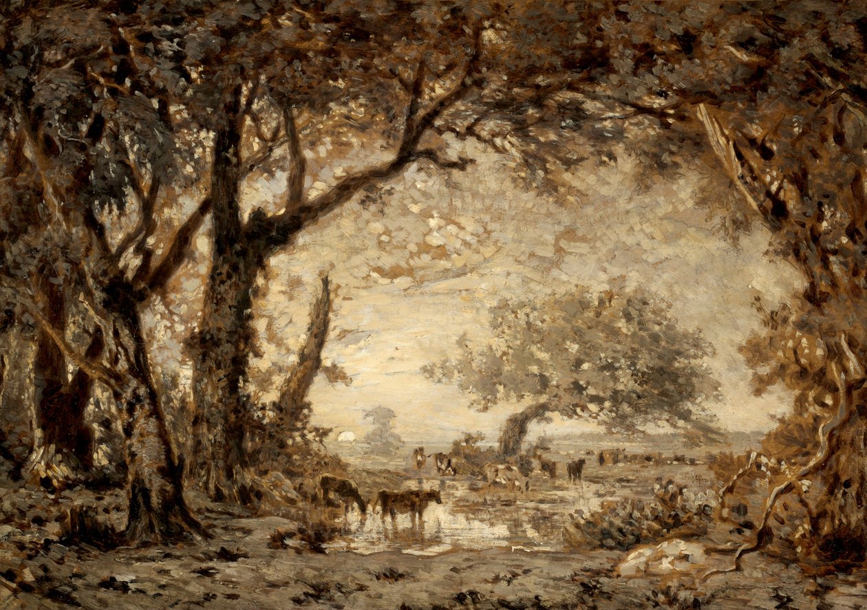 Sonnenuntergang im Wald von Fontainebleau von Theodore Rousseau