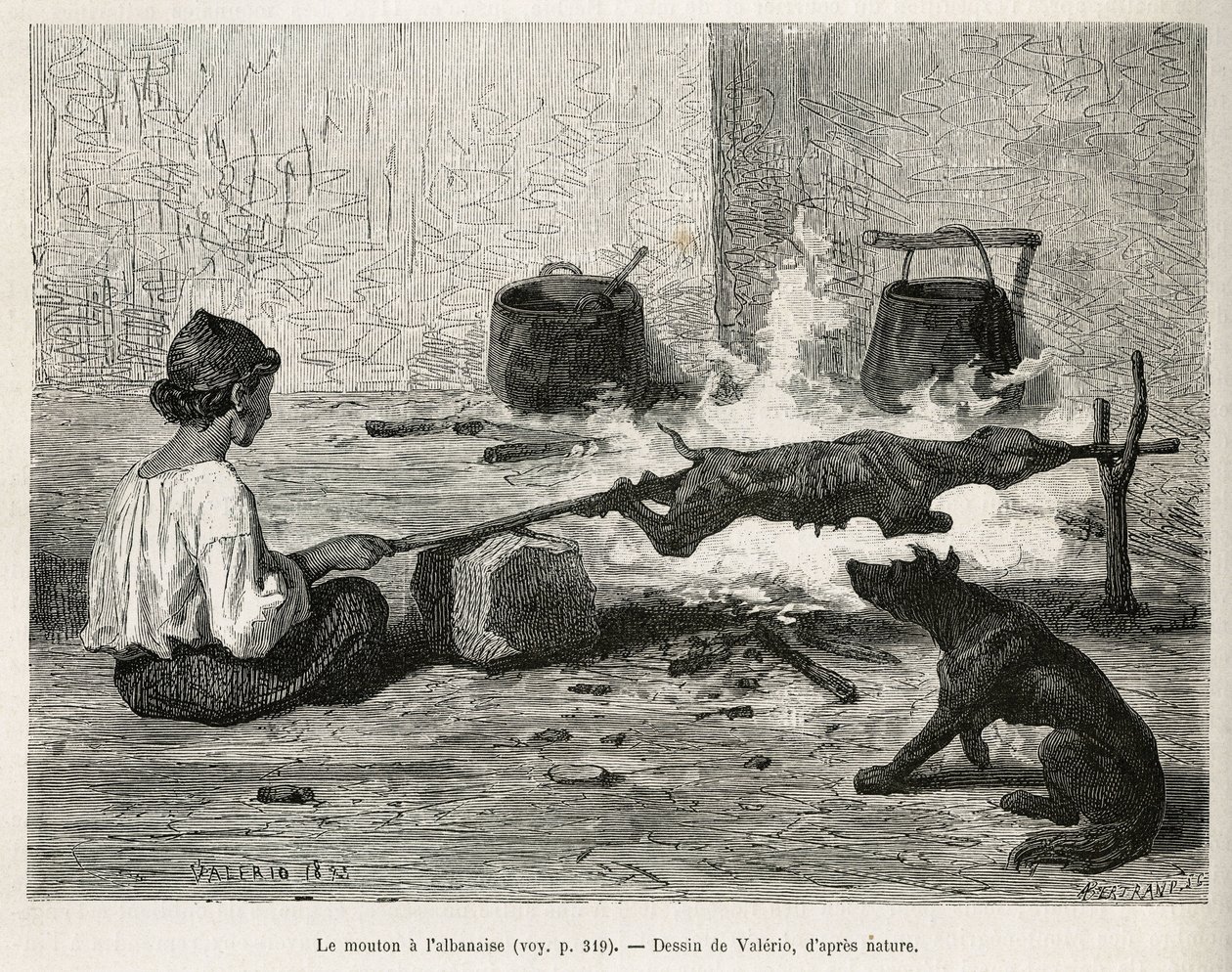 Ein junger Montenegriner brät ein Schaf mit dem Albaner, der vor dem Feuer sitzt und ständig den Holzspieß dreht. Gravur nach Valerios Zeichnung, um die Reise nach Dalmatien zu illustrieren, von Charles Yriarte, im Jahr 1874, veröffentlicht in „Le tour du  von Theodore Valerio