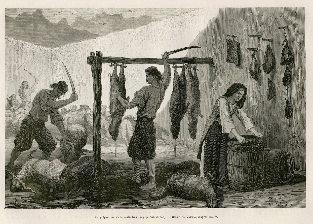 Die Zubereitung der Castradina, Spezialität aus gesalzenem und geräuchertem Schaf- und Ziegenfleisch, gegen Ende Oktober, in Dalmatien (Istrien und Herzegowina (Kroatien)), Zeichnung von Valerio, um die Reise nach Montenegro in 1874 von Charles Yriarte zu  von Theodore Valerio