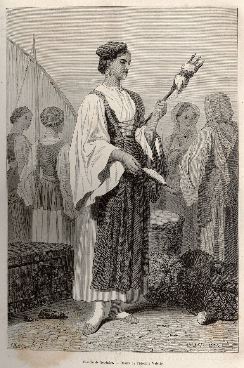 Frau von Sebenico (Serbien), die Spindeln zum Spinnen von Wolle auf dem Marktplatz verwendet. Gravur nach der Zeichnung von Theodore Valerio, zur Illustration einer Geschichte über Dalmatien, von Charles Yriarte, 1874, veröffentlicht in „Le tour du monde“  von Theodore Valerio