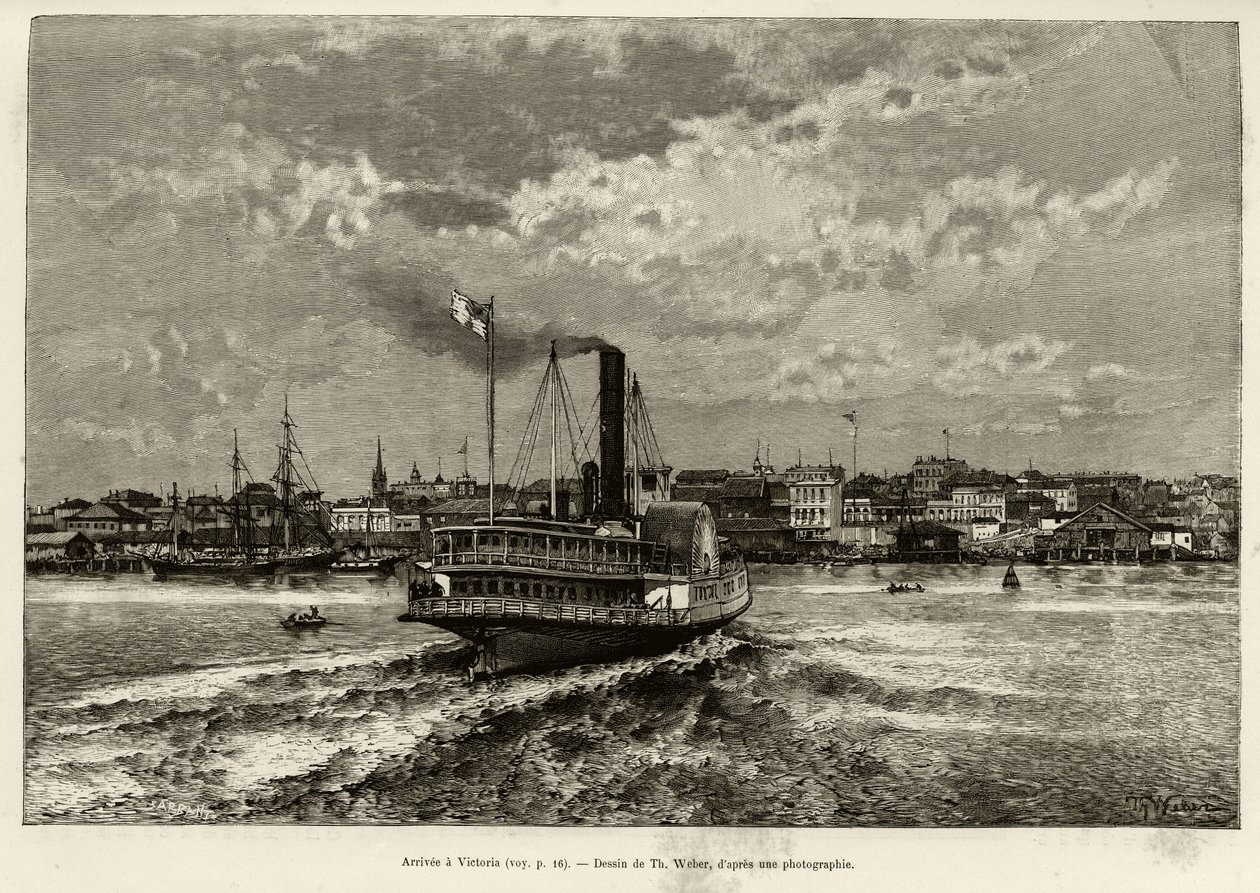 Ankunft in Victoria, Kanada. Gravur von Th.Weber zur Illustration der Geschichte Le Transcanadien et l