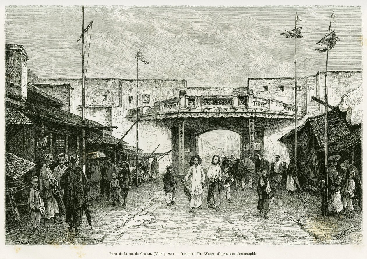 Kanton-Straßentor in Hanoi. Gravur von Th. Weber, nach einer Fotografie, zur Illustration der Geschichte „Dreißig Monate in Tonkin“ von Doktor Hocquard, veröffentlicht in Le Tour du monde 1889 von Theodore Weber