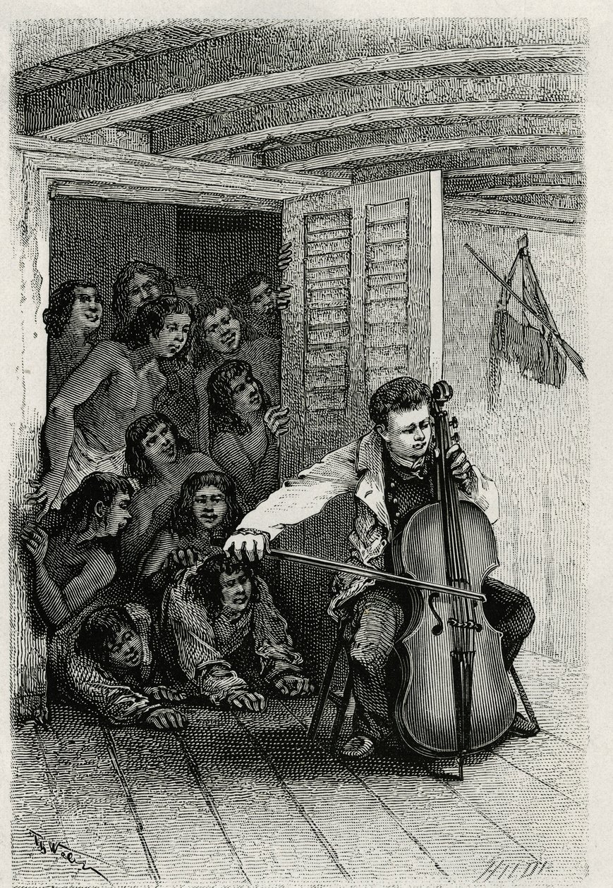 Porträt des reisenden Autors, der Cello spielt und ein neugieriges Publikum anzieht. Gravur von Th. Weber, zur Illustration der Geschichte „Die Wallis-Inseln“ von Dr. Emile Deschamps, veröffentlicht in Le Tour du monde von Theodore Weber