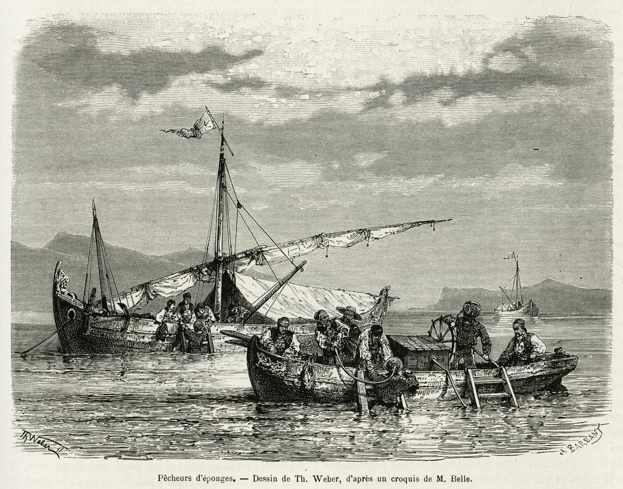 Schwammfischer im Golf von Nafplio, Zeichnung von Th. Weber, um die Geschichte einer Reise nach Griechenland in 1861, 1868 und 1874 von Henri Belle zu illustrieren. Gravur in Le tour du monde von Theodore Weber
