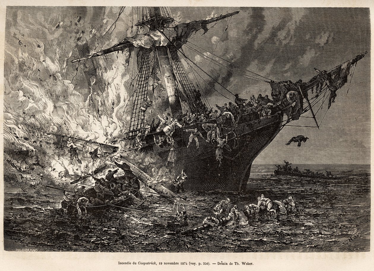 Das Feuer der Cospatrick, ein britisches Schiff mit mehr als 400 Auswanderern nach Neuseeland, am 19. November 1874, graviert nach einer Zeichnung von T. Weber, zur Illustration der Studie von Stürmen und Reisen, von Herrn Zurcher und Herrn Margolle, 1870- von Theodore Weber