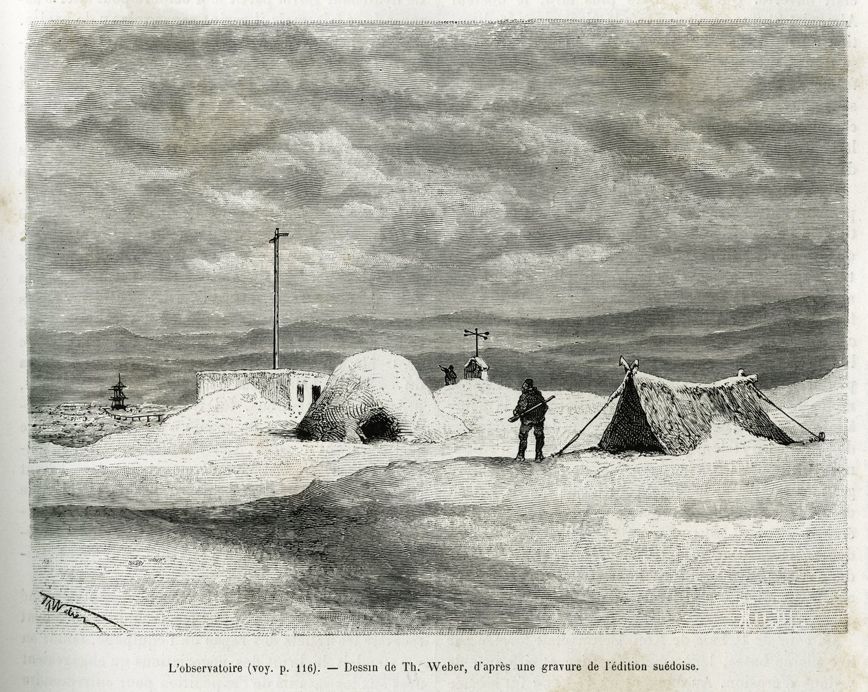 Das meteorologische Observatorium wurde in der Bucht von Koljutschin (Polarkreis) installiert, während das Schiff La Vega im Eis gefangen war und die Besatzung sich auf das Überwintern vorbereitete. Gravur von Th. Weber, um die Geschichte "Reise der Vega u von Theodore Weber