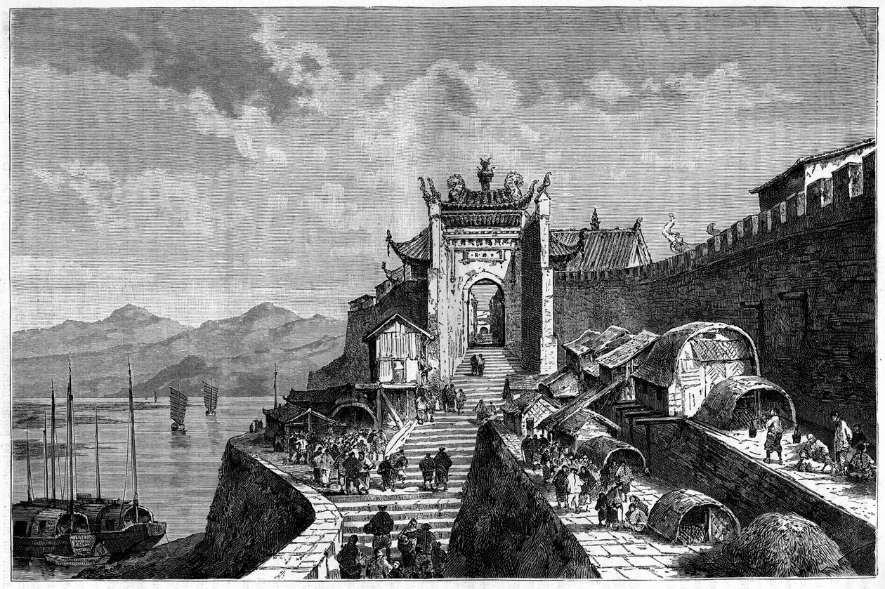 Ansicht des Shanghai-Tors am Huangpu-Fluss, China in den Jahren 1870-1880. Gravur nach einer Zeichnung von Weber, veröffentlicht in „Le Tour du Monde, Nouveau journal des Voyages“, herausgegeben von Edouard Charton, Paris von Theodore Weber
