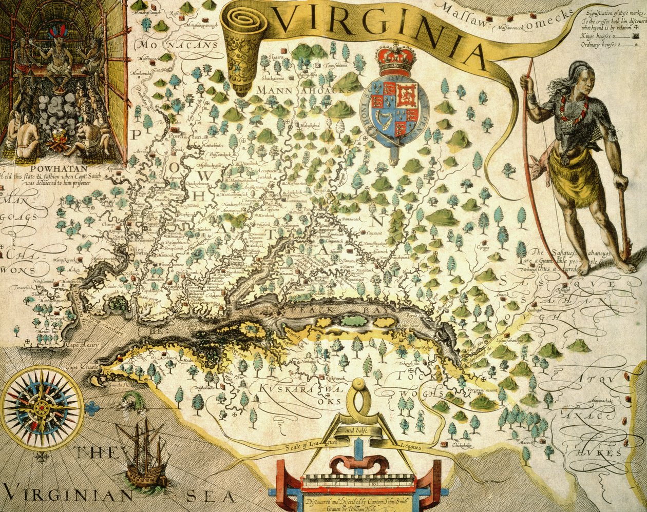Karte von Virginia mit einem Bild von Häuptling Powhatan von John Smith, 1624 von Theodore de (after) Bry