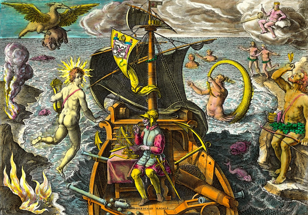 Allegorie auf die Reisen des Navigators Ferdinand Magellan, dargestellt auf seinem Schiff mit einem Armillarsphäre, umgeben von mythologischen Figuren und fantastischen Tieren. Gravur aus Admirante Narratio Americae von Theodore de Bry von Theodore de Bry