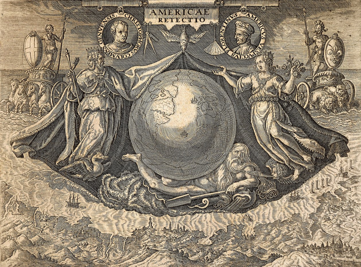 Allegorie der Westindischen Inseln oder Amerikas, mit Porträts der Seefahrer Christoph Kolumbus und Amerigo Vespucci von Theodore de Bry