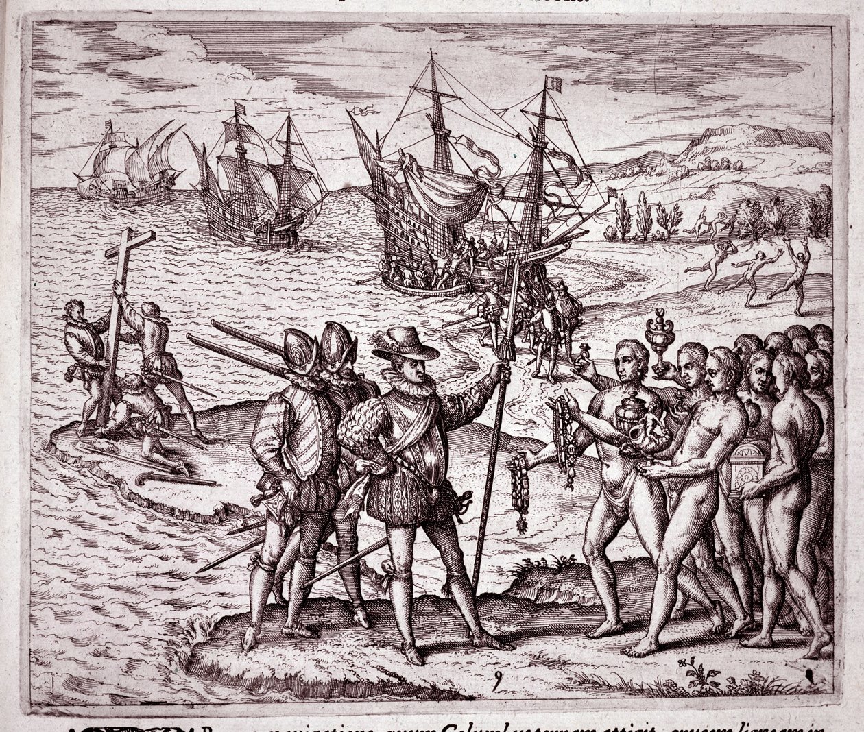 Ankunft von Christoph Kolumbus auf der Insel Hispaniola in den Westindischen Inseln (Gravur) von Theodore de Bry