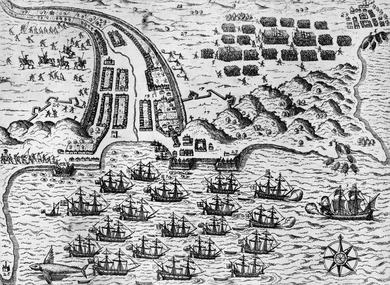 Angriff auf Santiago am 27. November 1585 (Gravur) von Theodore de Bry