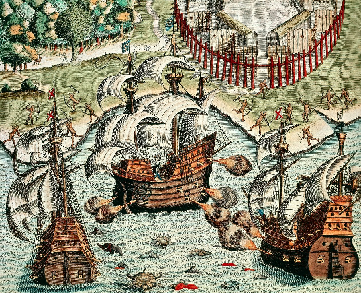 Schlacht zwischen den Franzosen und Portugiesen vor Buttugar von Theodore de Bry