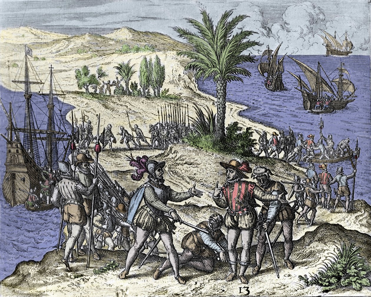 Christoph Kolumbus und sein Bruder wurden 1500 von Francisco de Bobadilla verhaftet. Gravur von Théodore de Bry (1528-1598) von Theodore de Bry