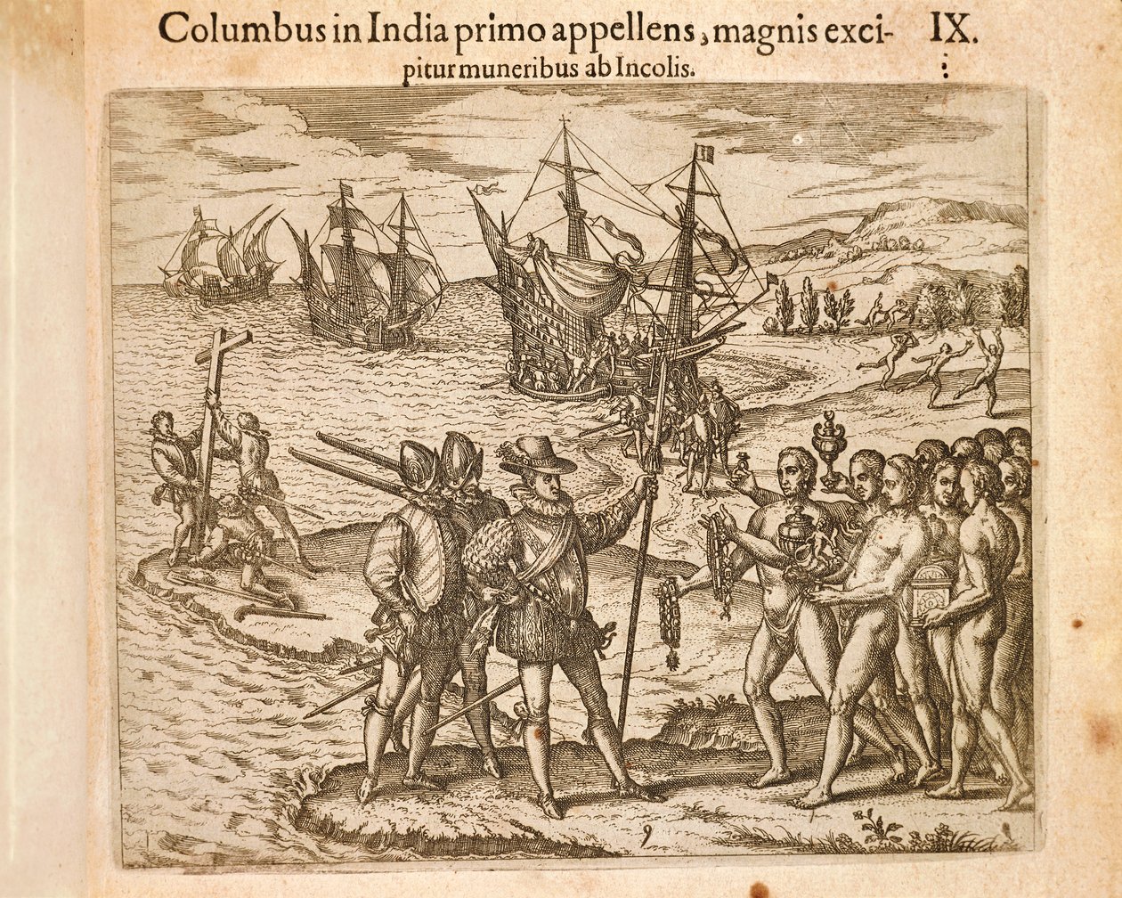 Christoph Kolumbus landet auf der Insel Guanahani (San Salvador) am 12. Oktober von Theodore de Bry