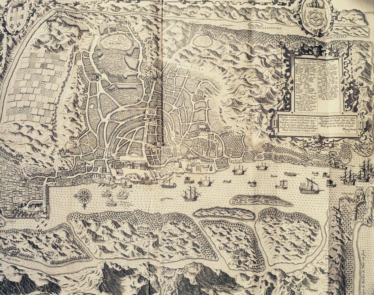 Stadt Goa in Indien, Kupferstich von Theodor de Bry aus dem Reisebericht der Reise des Seemanns Jan Huyghen van Linschoten nach Portugiesisch-Ostindien 1579-1592, 16. Jahrhundert von Theodore de Bry