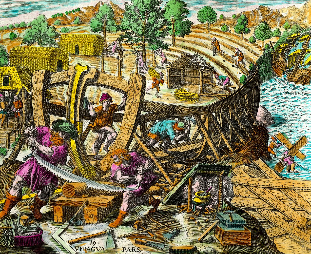 Bau eines Bootes für den spanischen Navigator Vasco Nunez de Balboa (1475-1517). Gravur aus Geschichte der Amerikas von Theodore de Bry (1528-1598) 16. Jahrhundert. Privatsammlung von Theodore de Bry