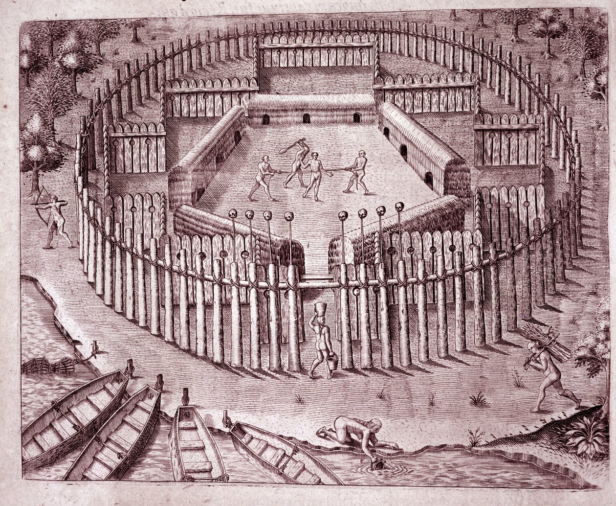 Verteidigungssystem der Indianerhütten durch eine doppelte Reihe von Baumstämmen. Die abgetrennten Köpfe der Feinde sind oben platziert (Gravur) von Theodore de Bry