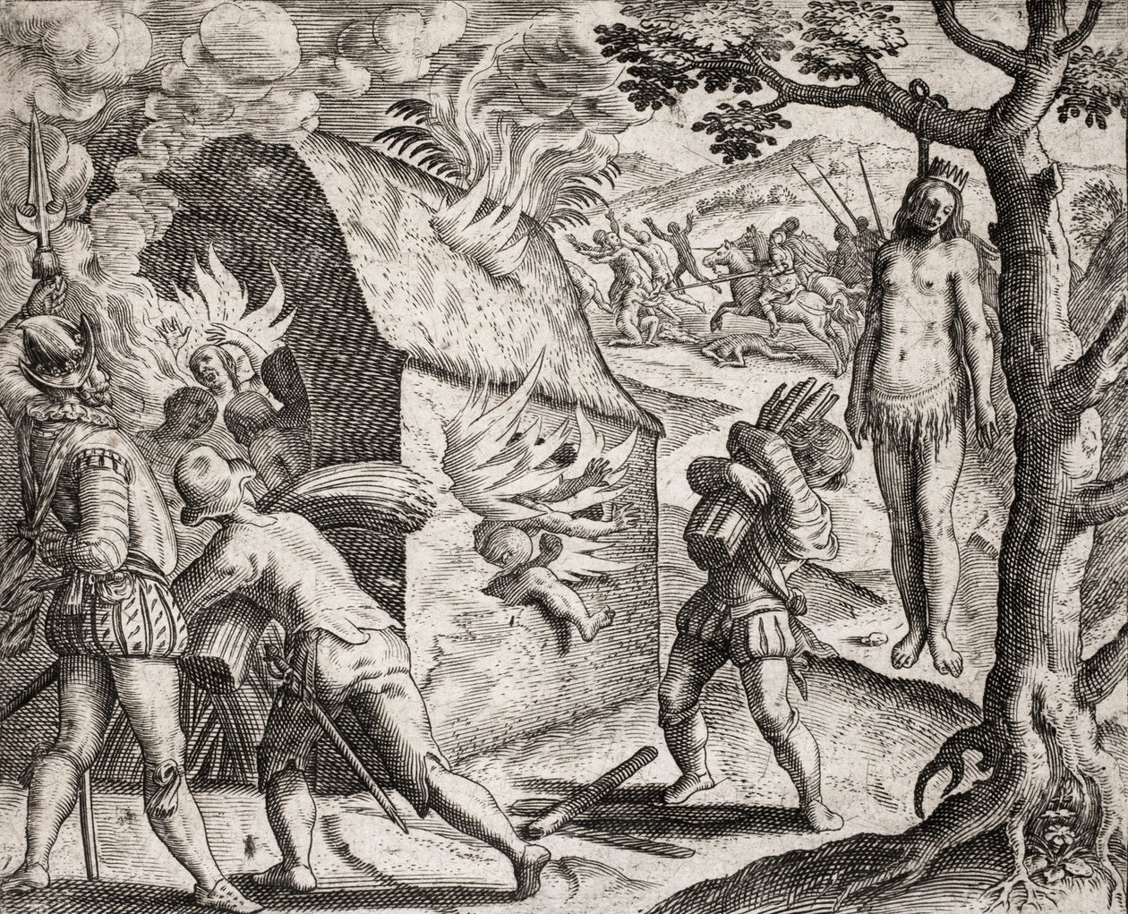 Beschreibung der von spanischen Siedlern an Indianern verübten Verbrechen - Brand eines Indianerdorfes durch die Konquistadoren. Hängen - Gravur von Theodore de Bry in „Narratio regionum indicarum per Hispanos quosdam devastatarum verissima“ von Bartolome  von Theodore de Bry