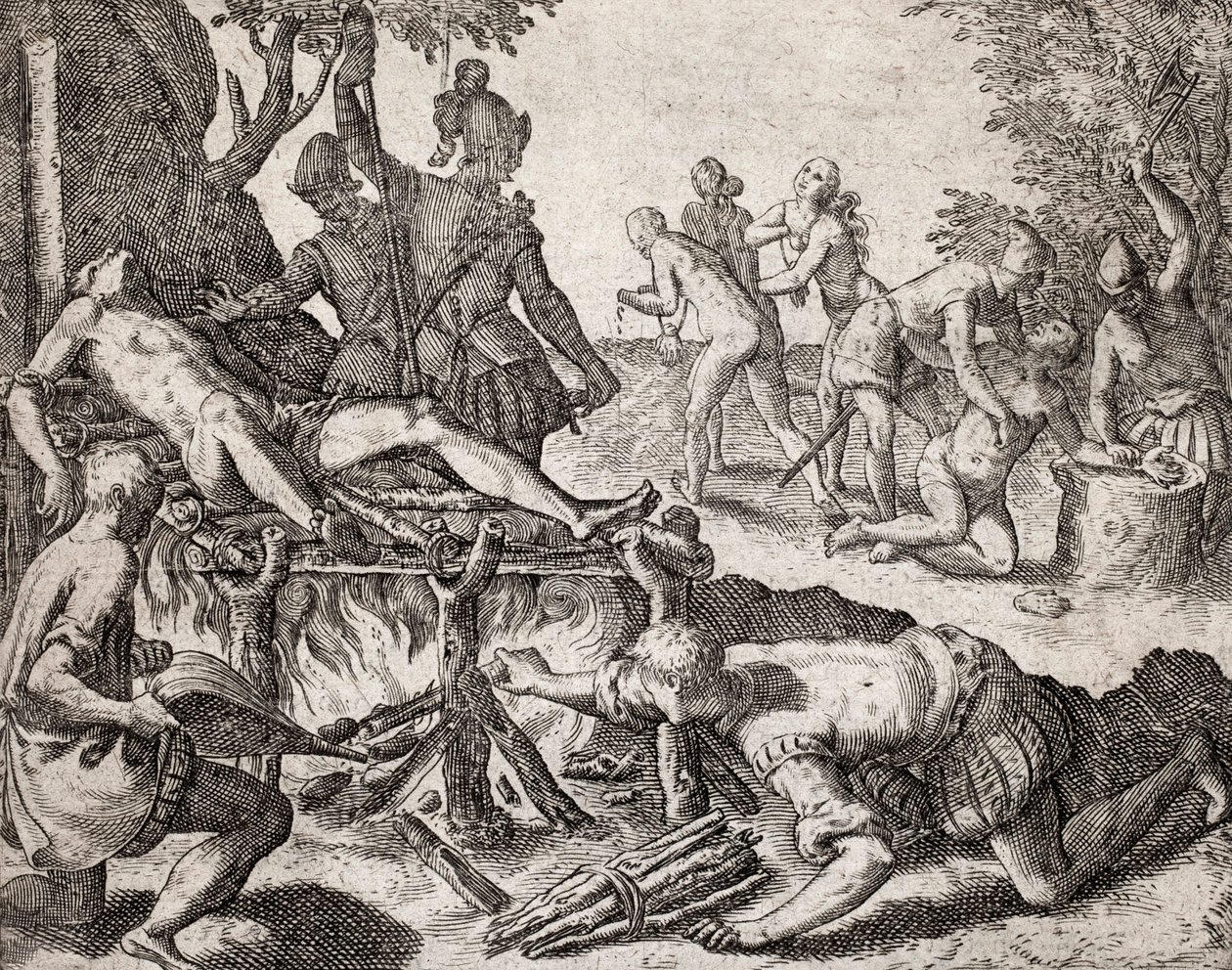 Beschreibung der von spanischen Siedlern an Indianern verübten Verbrechen - Szene der Folterung von Indianern durch spanische Konquistadoren. Folter auf einem Grill, Amputation von Händen - Gravur von Theodore de Bry in „Narratio regionum indicarum per His von Theodore de Bry