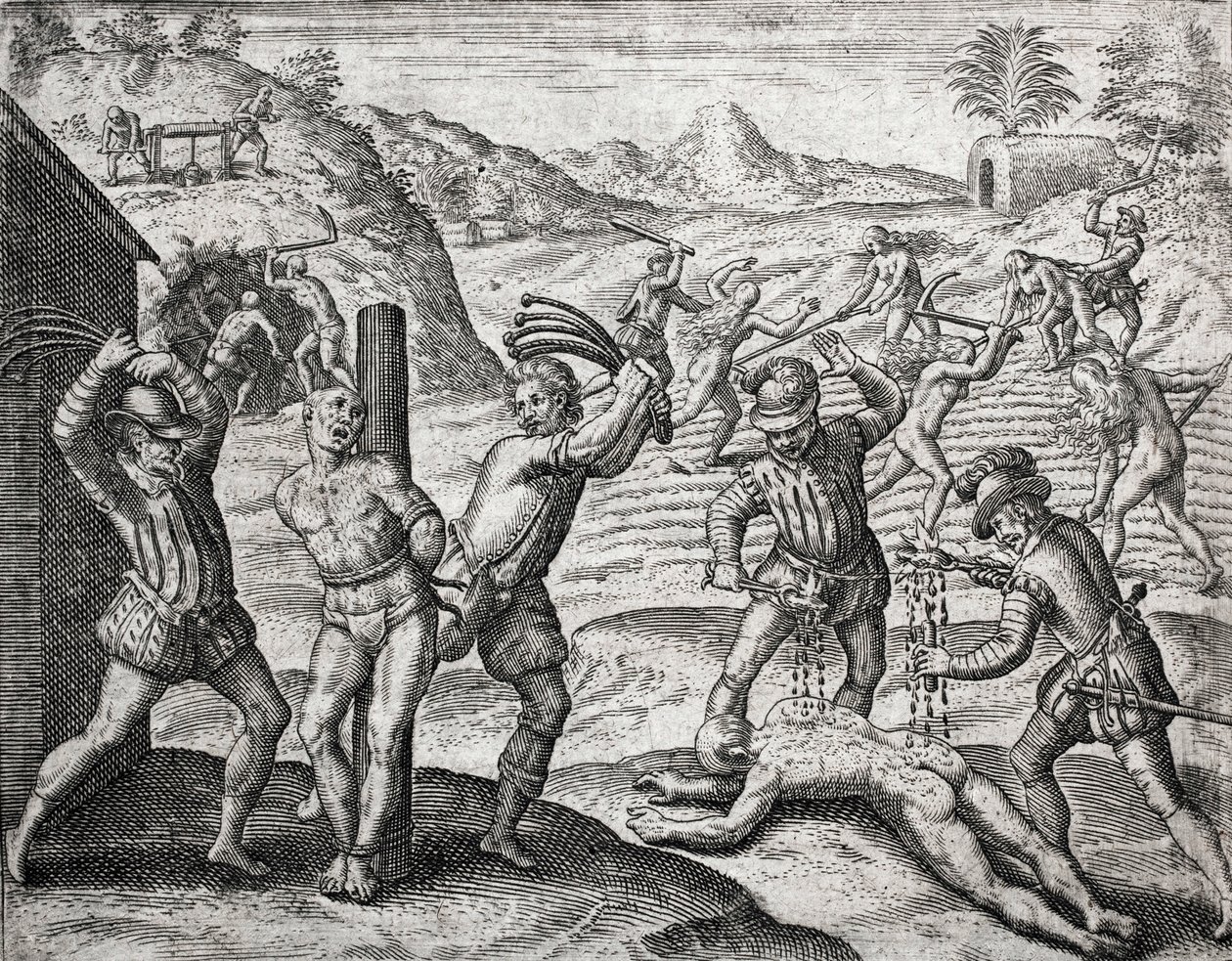 Beschreibung der von spanischen Siedlern an Indianern verübten Verbrechen - Spanier foltern Indianer - Gravur von Theodore de Bry in „Brevisima Relacion de la Destruction de las Indias“ von Bartolome de las Casas (1484-1566) von Theodore de Bry