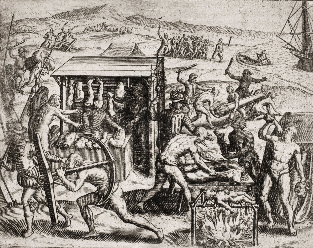 Beschreibung der von spanischen Siedlern an Indianern verübten Verbrechen - Spanische Konquistadoren zwingen Indianer zur Arbeit und misshandeln sie - Anthropophagen-Indianer - Gravur von Theodore de Bry in „Narratio regionum indicarum per Hispanos quosdam von Theodore de Bry