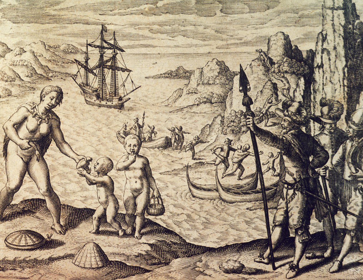 Niederländischer Kapitän Sebalt de Weert landet an der Küste von Guiana, aus Historia americae, von Theodor de Bry, Frankfurt von Theodore de Bry