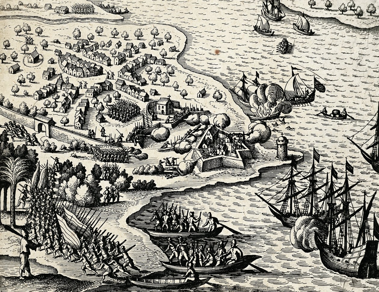 Niederländische Expedition entlang der Küste von Mosambik, Stich aus India orientalis von Theodor de Bry (1528-1598) von Theodore de Bry