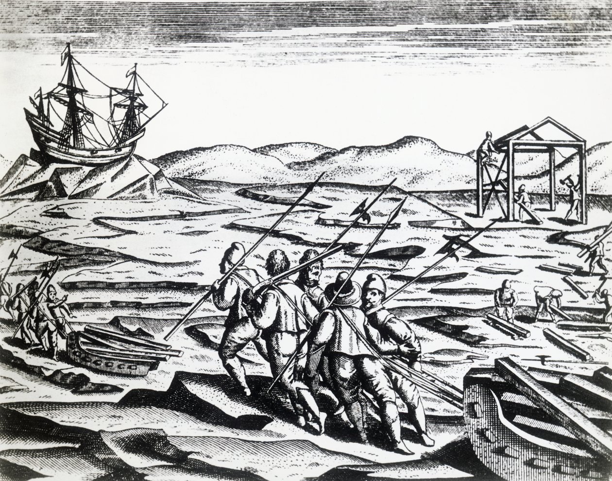 Expedition unter der Leitung von William Barents (ca. 1550-1597) auf der Suche nach der Nordostpassage, aus Peregrinationes, von Theodor de Bry (1528-1598), Stich von Theodore de Bry