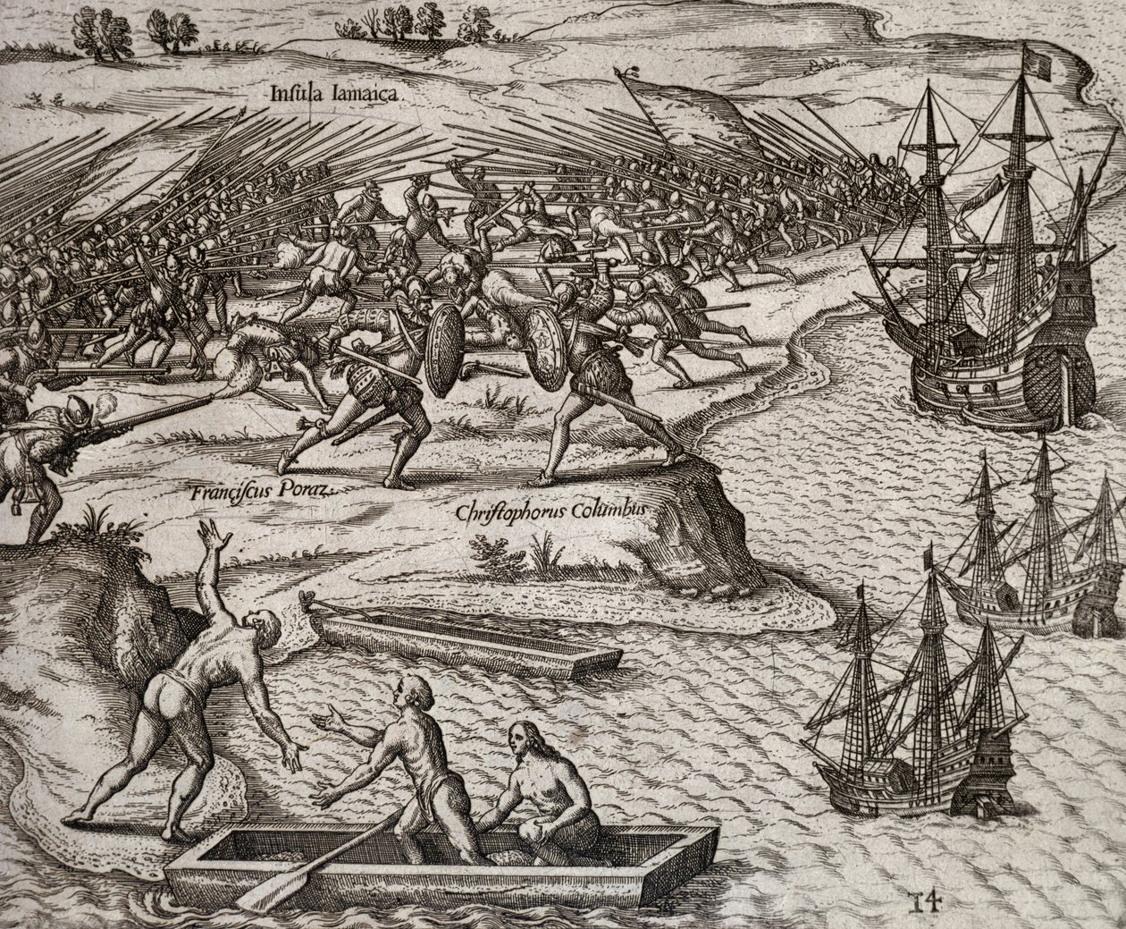 Kampf zwischen Christoph Kolumbus und Francesco Poresio in Jamaika, Stich von Theodor de Bry (1528-1598) von Theodore de Bry