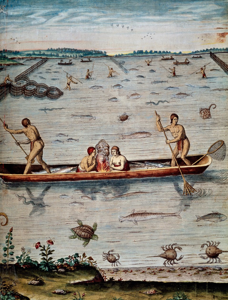 Fischtechniken der Eingeborenen in Virginia, Stich von Theodor de Bry aus Admiranda narratio trust tamen, commodis et de incolarvm ritibvs Virginae von Theodore de Bry