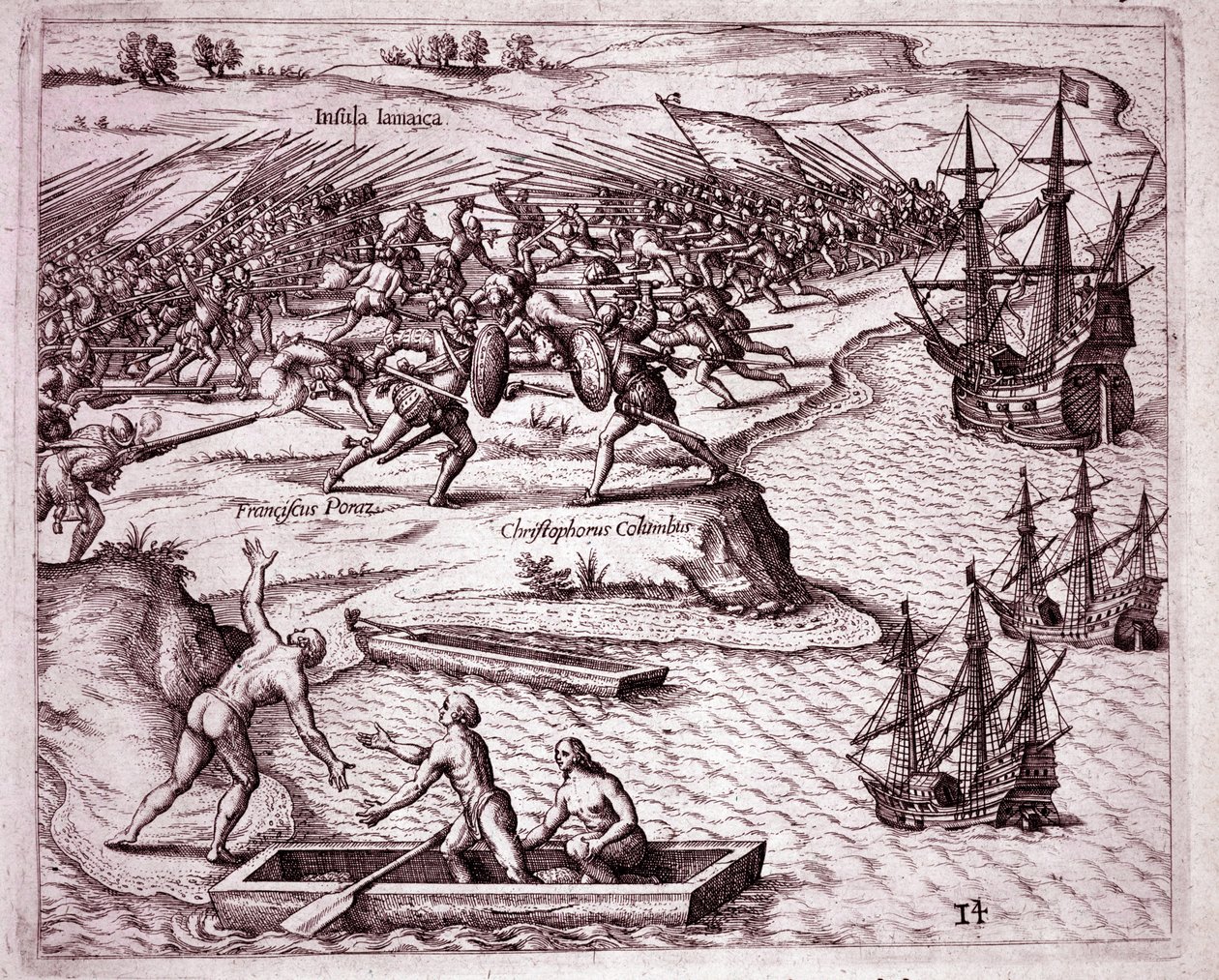 Vierte Reise von Christoph Kolumbus auf die Insel Jamaika im Jahr 1503 (Gravur) von Theodore de Bry