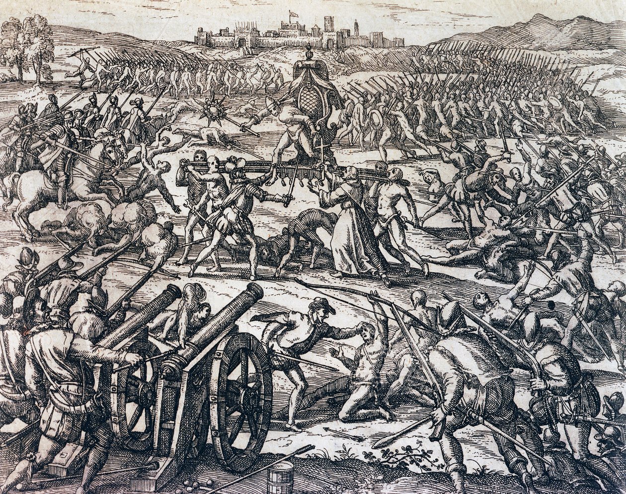 Francisco Pizarros Truppen erobern den Inka-Kaiser Atahualpa während der Schlacht von Cajamarca, 16. November von Theodore de Bry