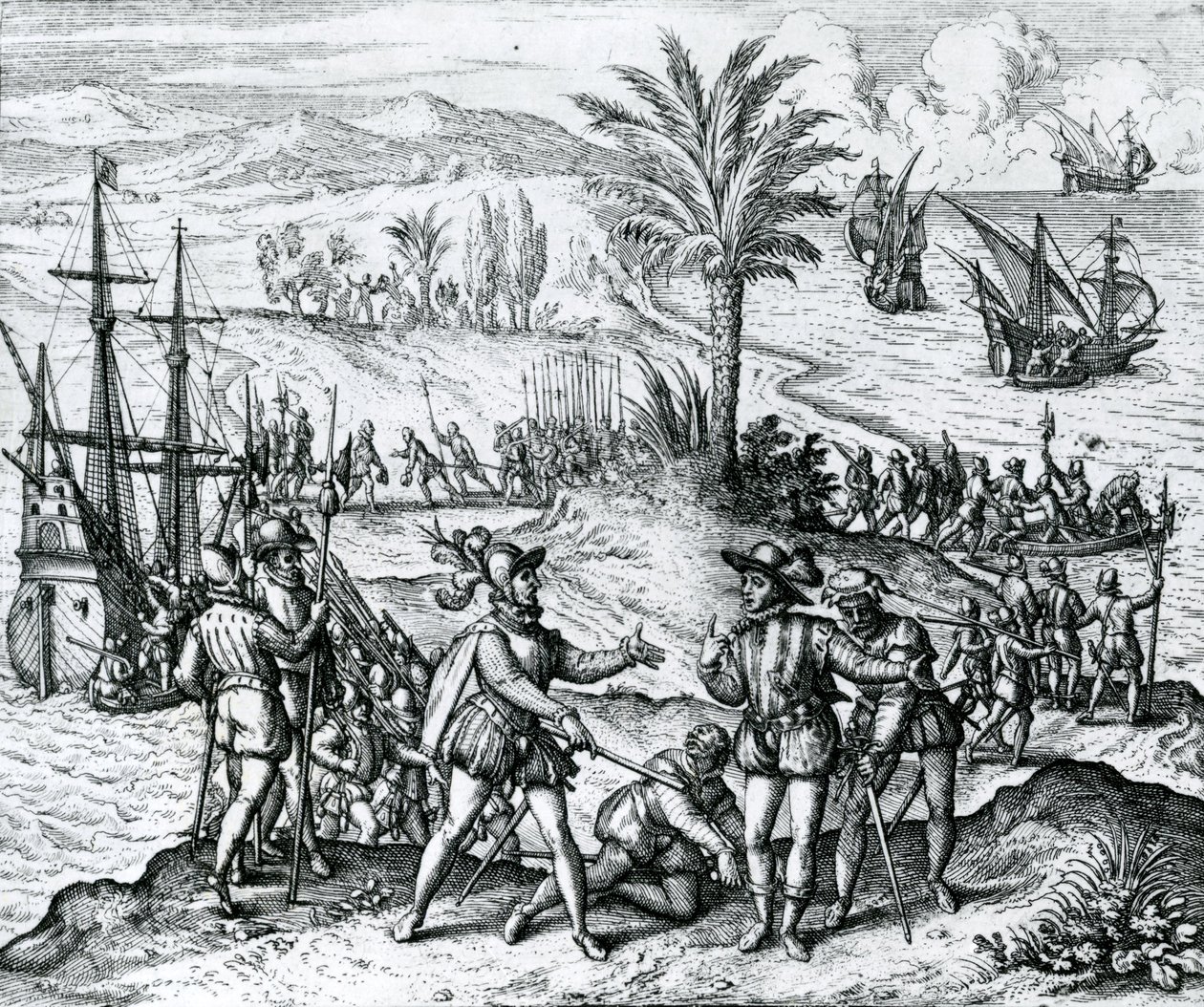 Francisco de Bobadilla kommt als Gouverneur an und verhaftet Christoph Kolumbus (1451-1506) in Hispaniola, 1500, 1590 von Theodore de Bry