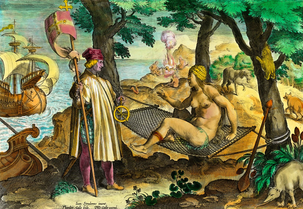 Geschichte Amerikas: Erster Kontakt des italienischen Navigators Amerigo Vespucci mit den Indianern Amerikas von Theodore de Bry