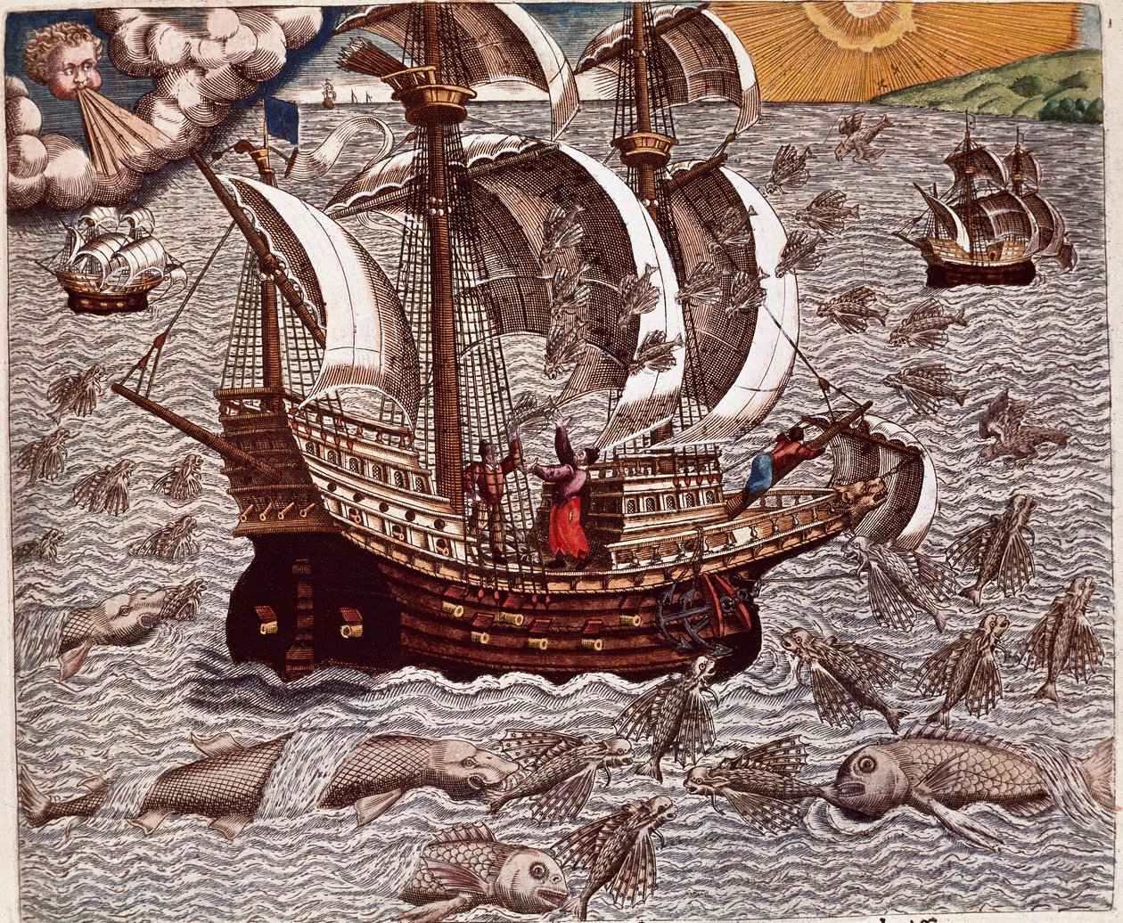 Geschichte Amerikas: „Reise spanischer Karavellen umgeben von fliegenden Fischen“ Bericht über die Reisen von Hans Staden, einem deutschen Entdecker, der mit den spanischen Flotten nach Brasilien reiste und von den Tupinamba-Indianern gefangen genommen wur von Theodore de Bry