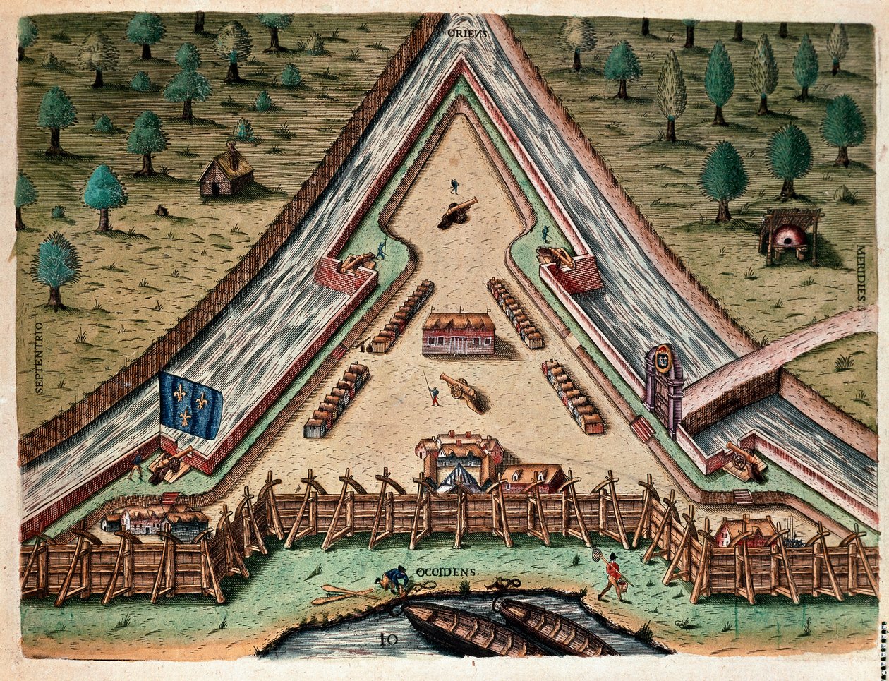 Geschichte Amerikas: „Leben von Fort Carolina, Bastion von Carolina“ „Gravur aus „Admirante Narratio Americae““ von Theodore de Bry (1528-1598) nach einer Zeichnung von Jacques le Moyne (de Morgues) (1533-1588) von Theodore de Bry