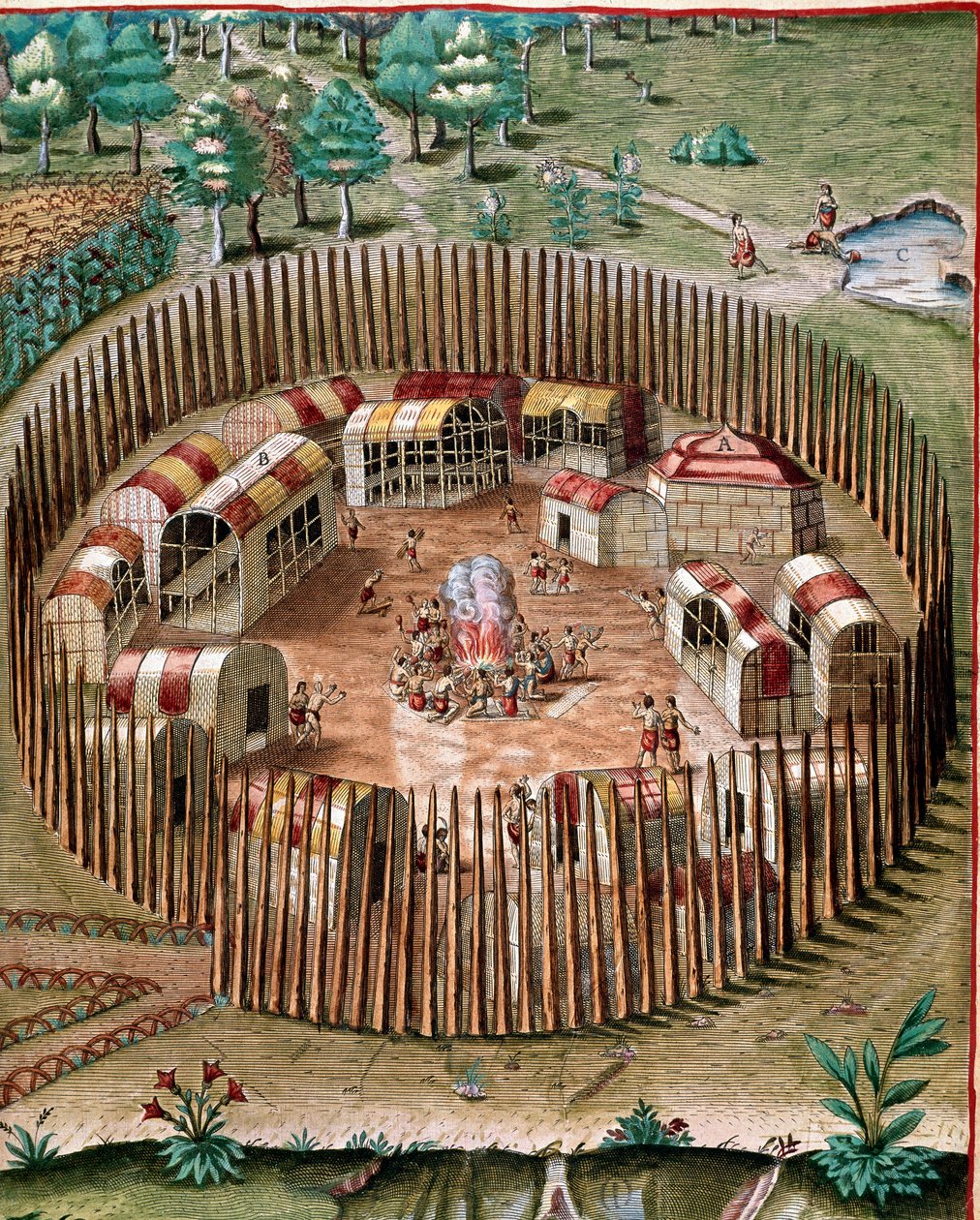Darstellung der befestigten Stadt Pomeiock oder Pomeiooc in Virginia im Jahr 1585. Gravur aus „Admirante Narratio Americae“ von Theodore de Bry (1528-1598) von Theodore de Bry