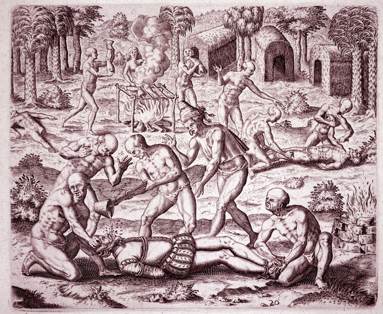 Geschichte Amerikas: Beschreibung der von den Indianern an spanischen Siedlern verübten Folterungen, Gold in ihre Münder gießen und ihre Glieder abschneiden, um sie zu essen (Gravur) von Theodore de Bry