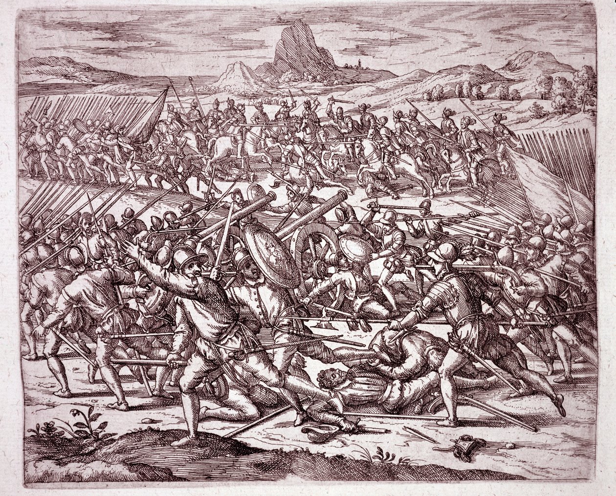 Geschichte Amerikas: Kämpfe zwischen den Armeen von Vaca de Castro und Almagro junior nach dem Tod von Francisco Pizarro und Diego de Almagro (Gravur) von Theodore de Bry