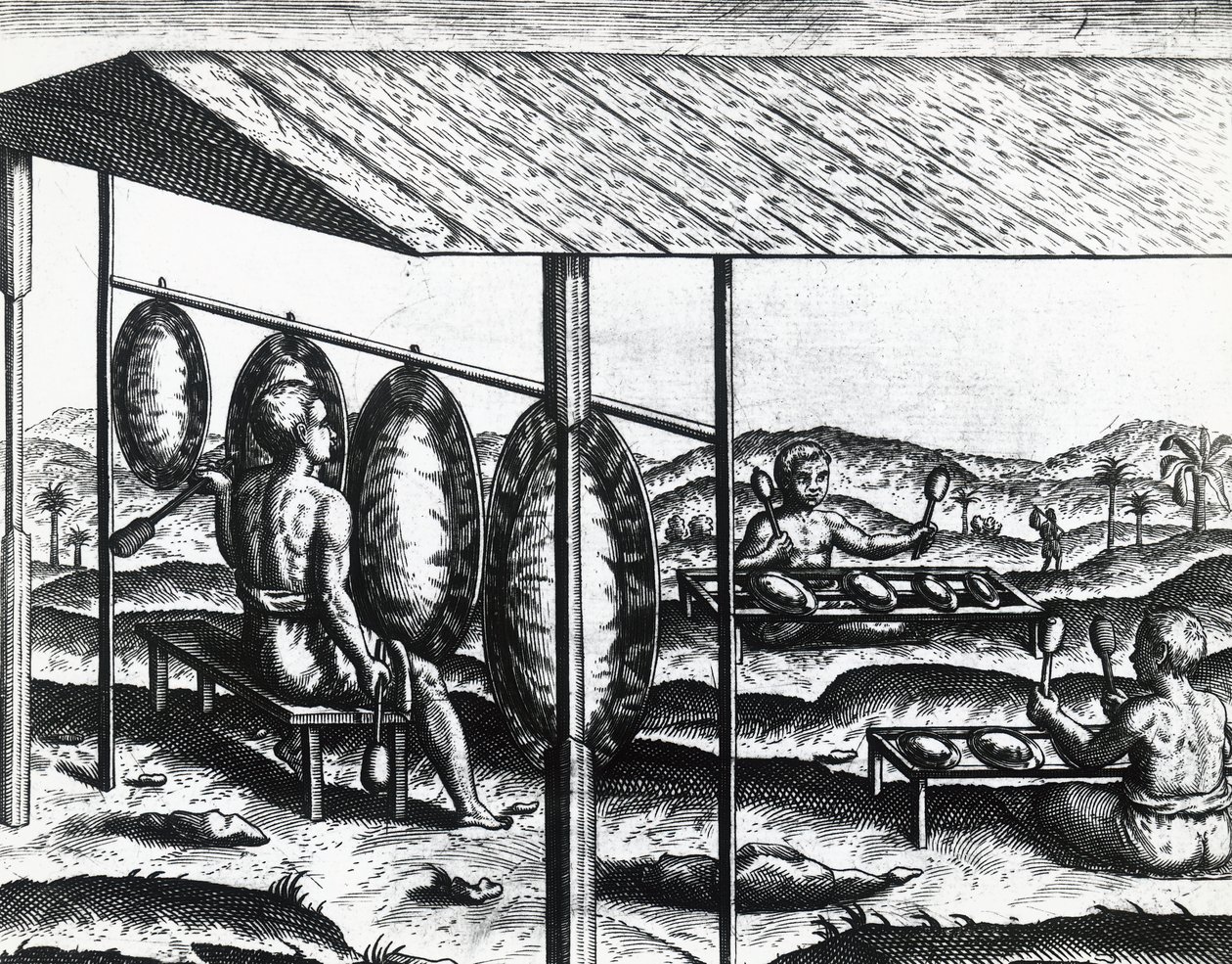 Javanische Musikinstrumente, von Theodor de Bry (1528-1598), Stich von Theodore de Bry