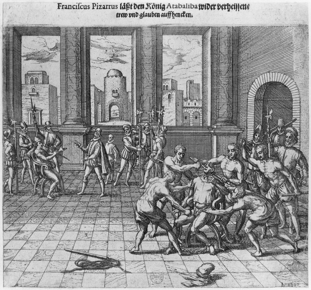 König Atahualpa, hingerichtet in Cajamarca auf Befehl von Francisco Pizarro, 1533 von Theodore de Bry