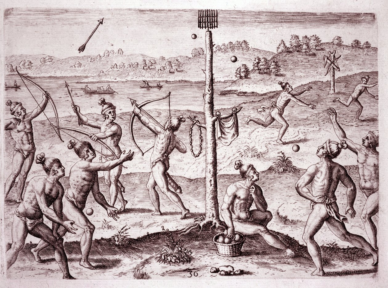 Ureinwohner Amerikas üben Laufen, Pfeilschießen und Ballwerfen in Florida (Gravur) von Theodore de Bry