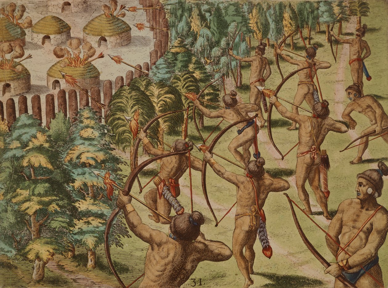 Nachtangriff auf ein Indianerdorf mit brennenden Pfeilen von Theodore de Bry