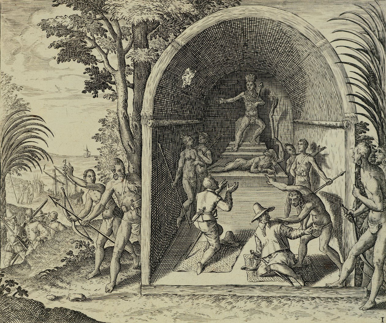 Portugiesische Navigatoren kommen in Äthiopien an, Illustration aus Indiae Orientalis von Theodore de Bry