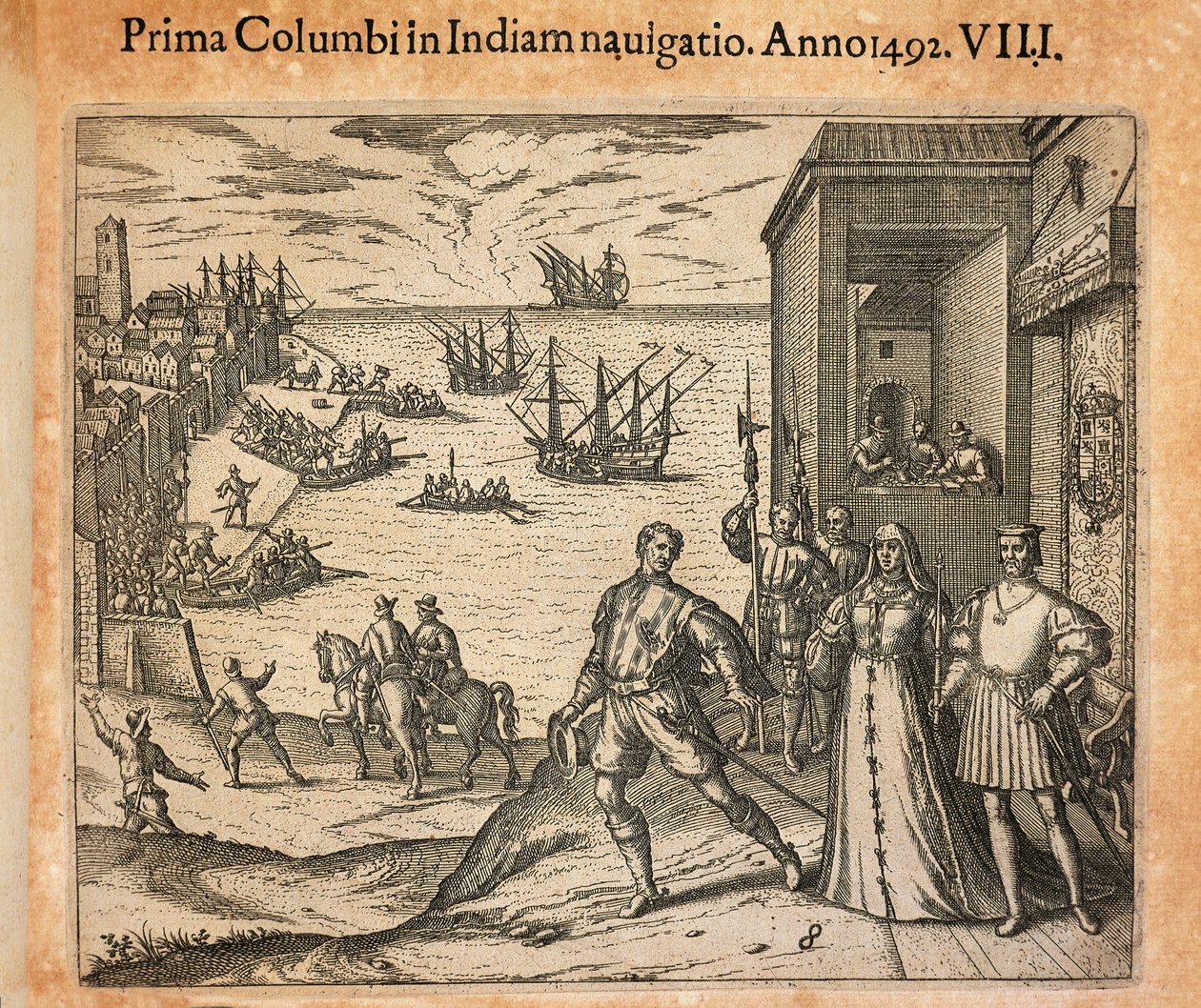 Königin Isabel und König Ferdinand begrüßen die Abreise von Christoph Kolumbus in Palos, Spanien, Gravur von Theodore de Bry
