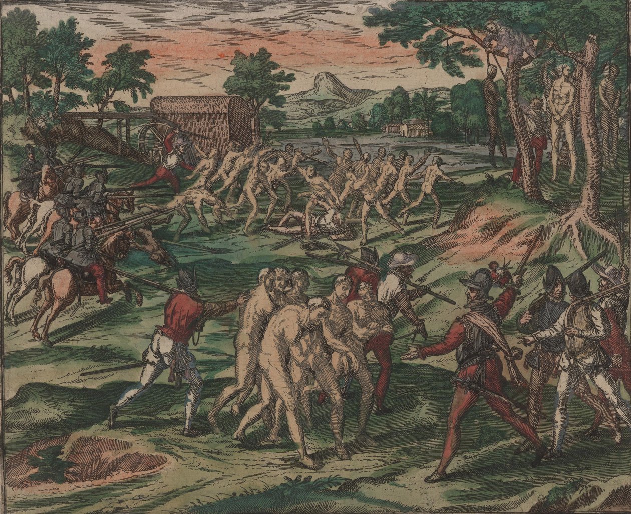 Sklaven versuchen, ihre spanischen Besitzer zu überwältigen, werden aber gefangen genommen und an Bäumen aufgehängt von Theodore de Bry