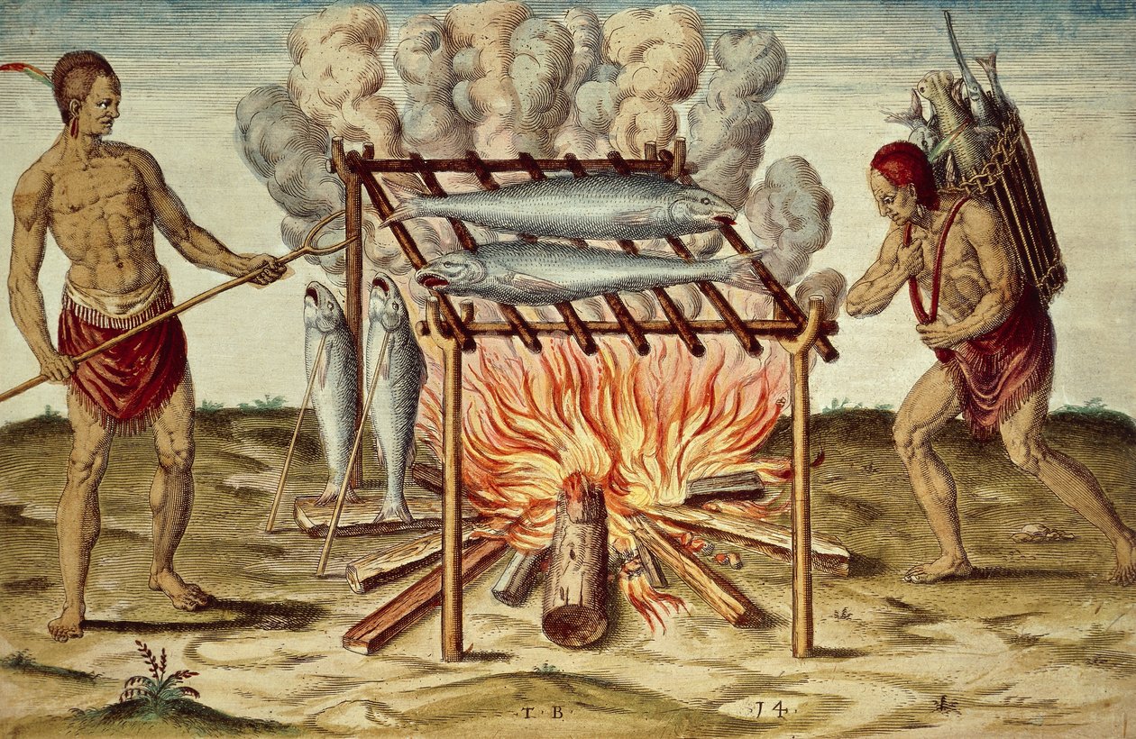 Taino-Eingeborene beim Fischkochen, Farbstich von Theodor de Bry aus dem Gemälde von John White, aus 